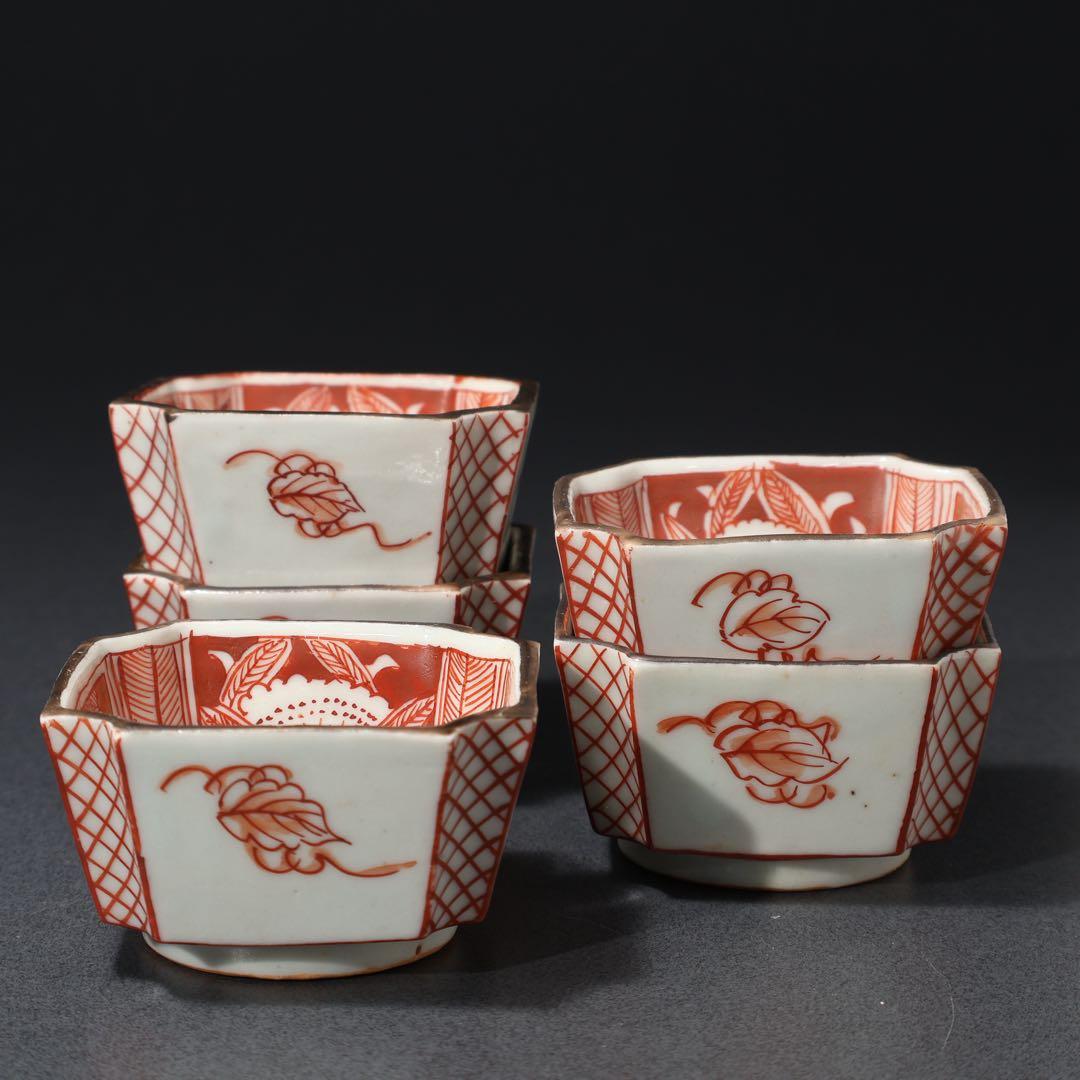 九谷赤絵　隅切　花図猪口５客　骨董　R1476wダC