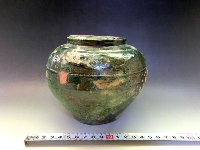 壷■緑釉 丸壺 古い花瓶 オブジェ 土器 須恵器 古玩 唐物 中国 時代物 骨董