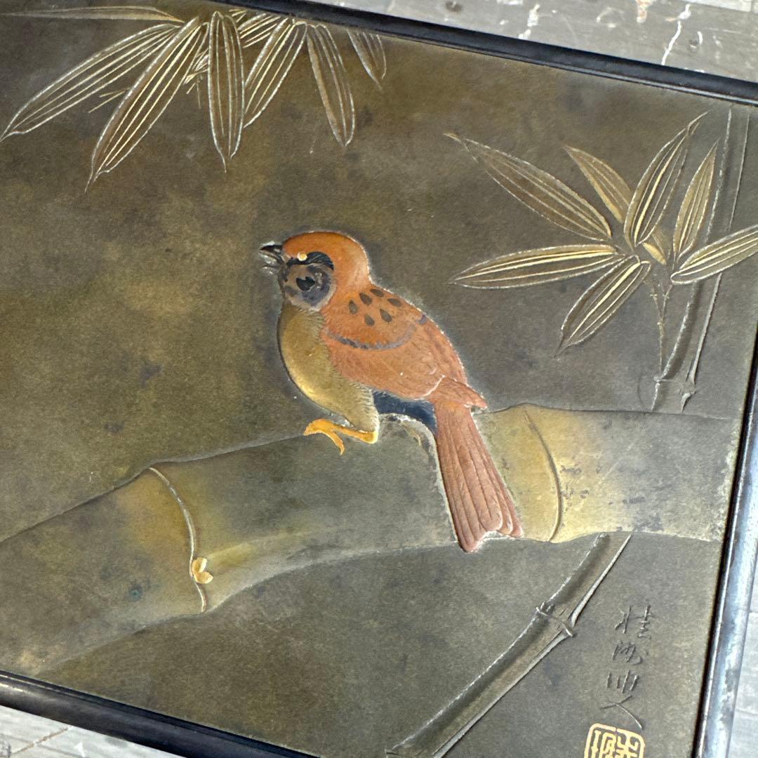 明治時代 純銀 竹と鳥 銀煙草入 銀巻莨箱 書付箱 銀箱