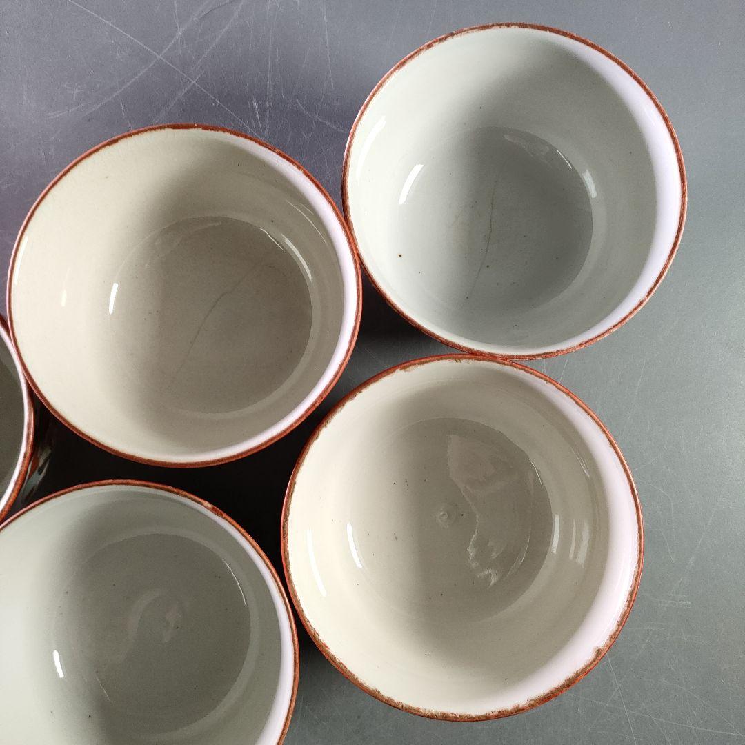 A892-3/九谷焼/赤絵花鳥七福神文窓絵丼蓋茶碗/5客/