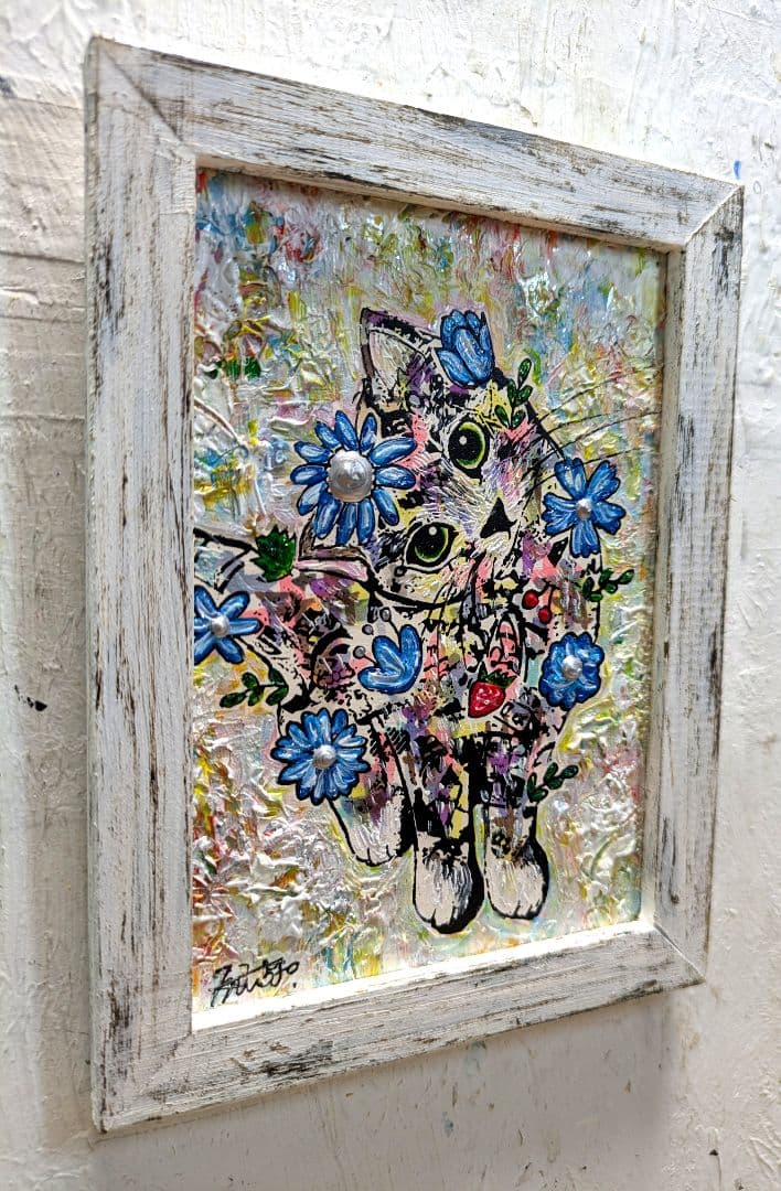 30分以内に入札なしなら10000円❗️手作り額付き作品「はるうららニャンコ」