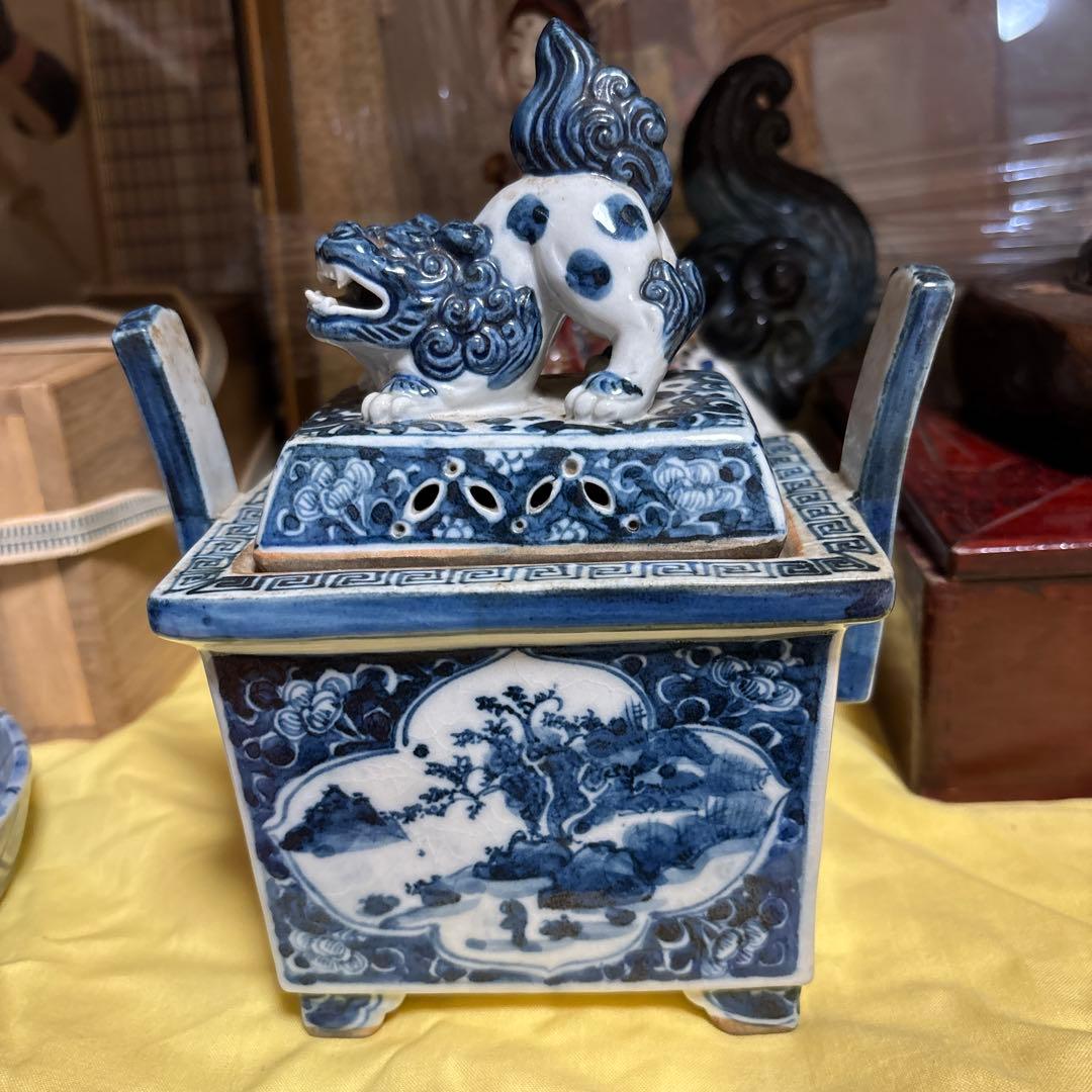 九谷   古美術     【染附 】   獅子摘み　大迫力　香炉　アンティーク