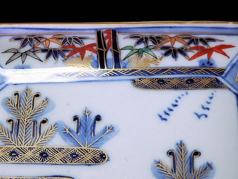大聖寺伊万里　金襴手　亀甲紋に松竹梅　若松の図　長皿　E375AS-COw