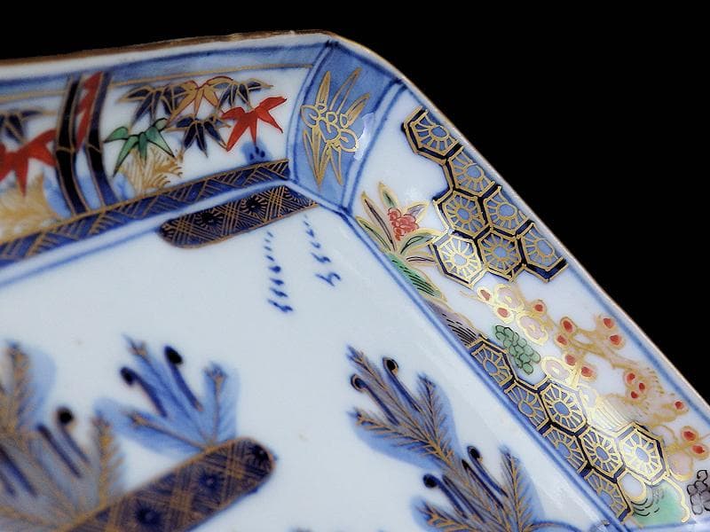 大聖寺伊万里　金襴手　亀甲紋に松竹梅　若松の図　長皿　E375AS-COw