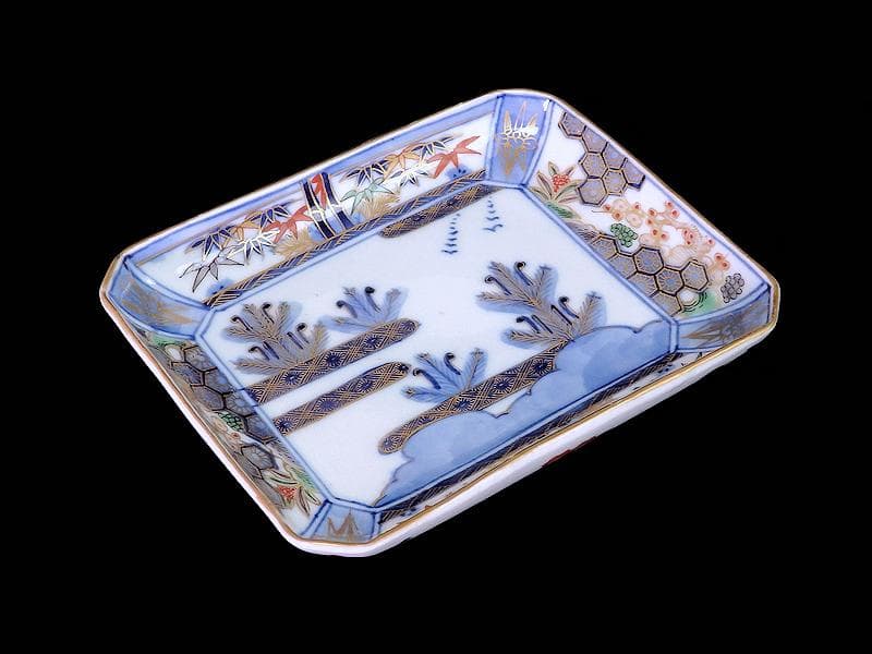 大聖寺伊万里　金襴手　亀甲紋に松竹梅　若松の図　長皿　E375AS-COw