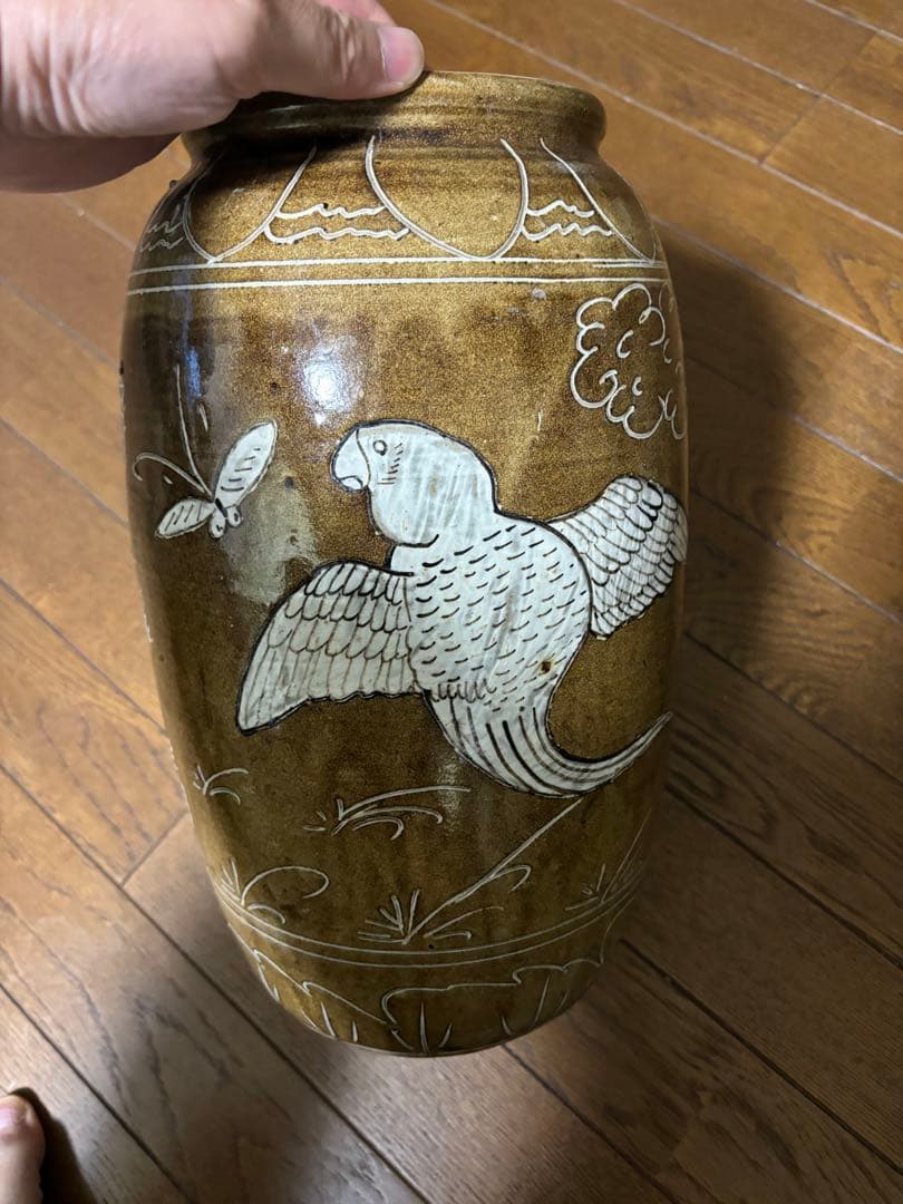 中国古美術品　遼金時代　黄釉　花鳥大罐　壺