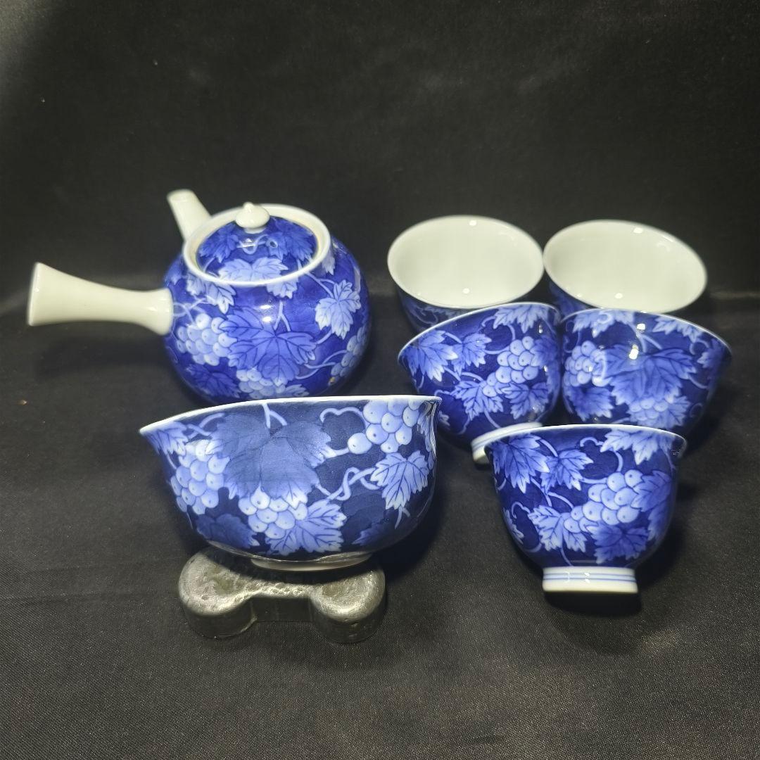 煎茶道具 香蘭社 染付け茶器 手描き葡萄文 時代物 旧家蔵出 未使用美品 中国茶