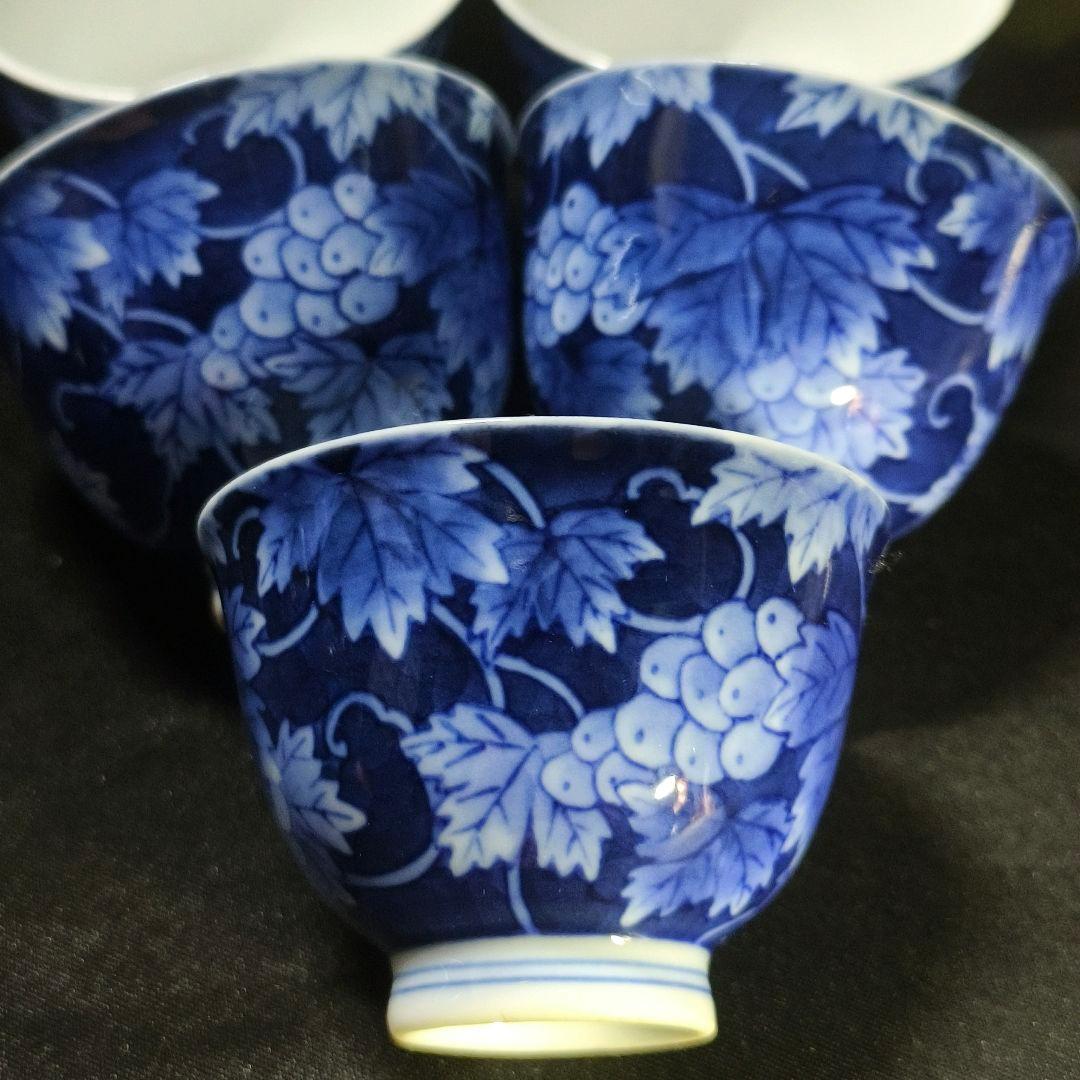 煎茶道具 香蘭社 染付け茶器 手描き葡萄文 時代物 旧家蔵出 未使用美品 中国茶