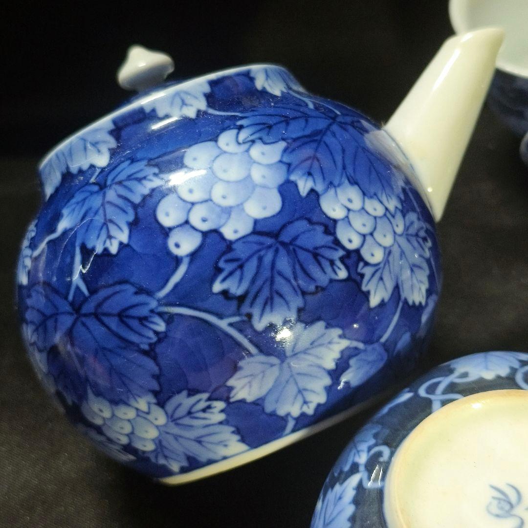 煎茶道具 香蘭社 染付け茶器 手描き葡萄文 時代物 旧家蔵出 未使用美品 中国茶