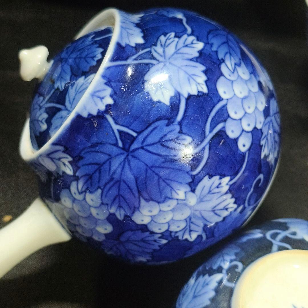 煎茶道具 香蘭社 染付け茶器 手描き葡萄文 時代物 旧家蔵出 未使用美品 中国茶