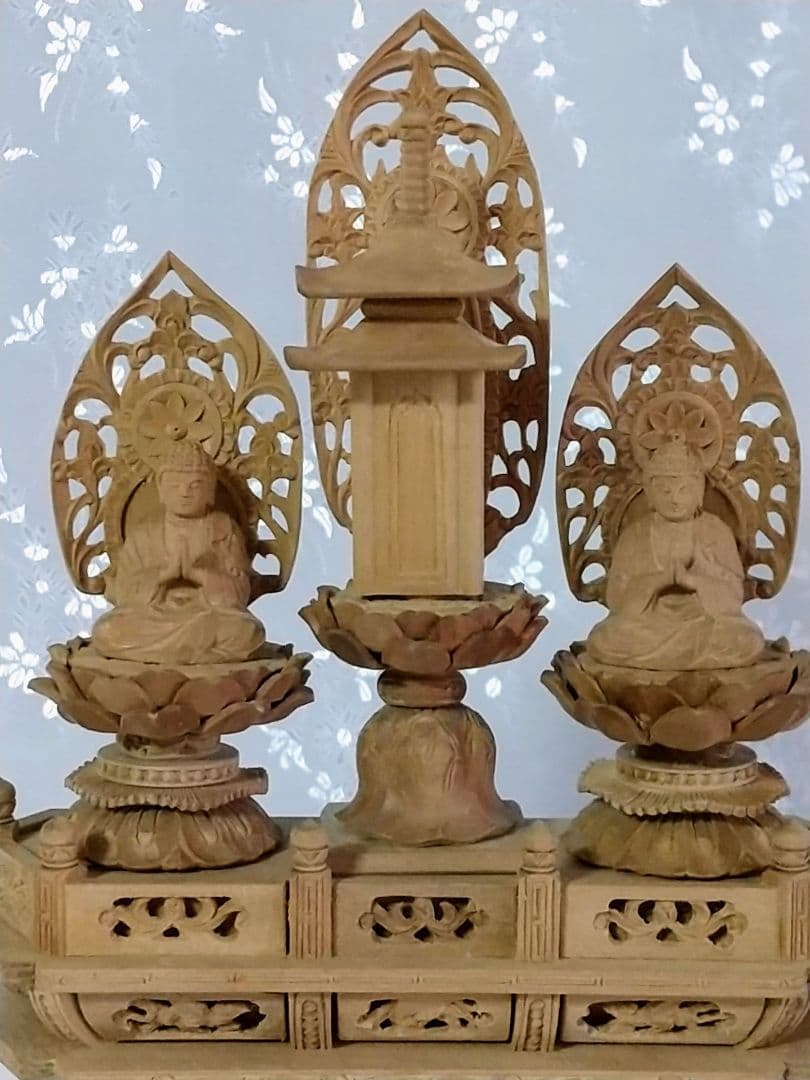 三宝尊 [極小#85] 題目宝塔 釈迦如来坐像 多宝如来坐像 ◆白檀 木彫 仏像