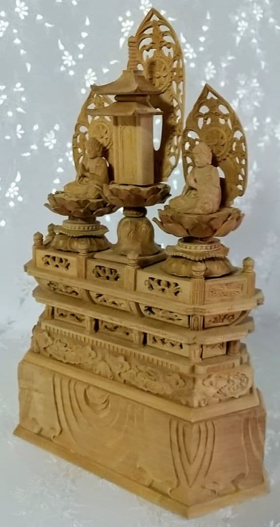 三宝尊 [極小#85] 題目宝塔 釈迦如来坐像 多宝如来坐像 ◆白檀 木彫 仏像