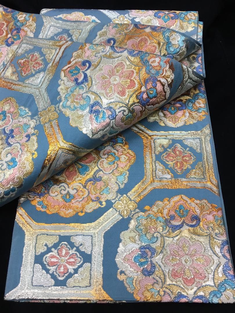 西陣織 手織り彩り蜀甲華紋 水色 六通柄袋帯