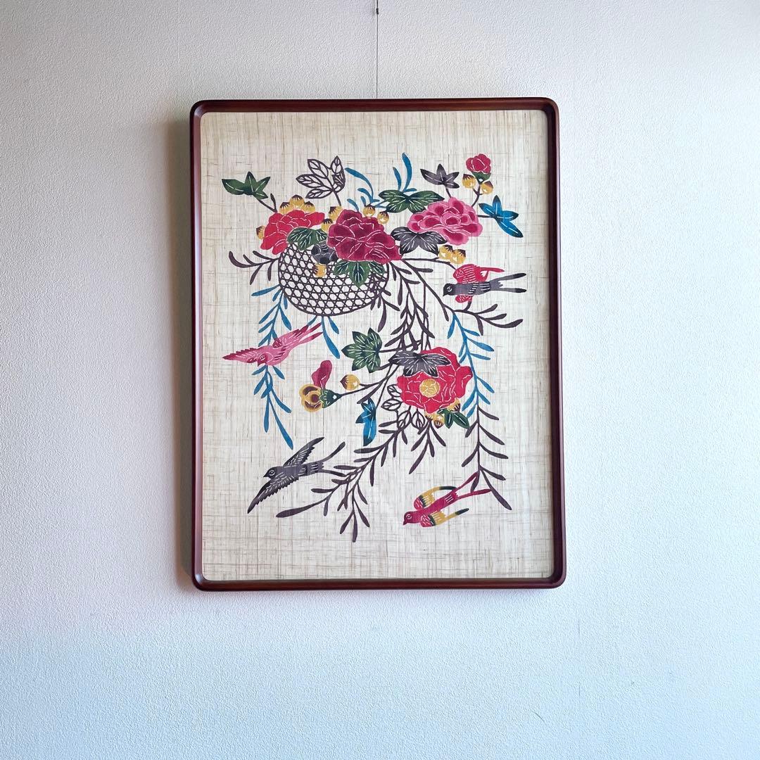 琉球紅型 びんがた 額入り 花籠と燕 沖縄 染物 インテリア