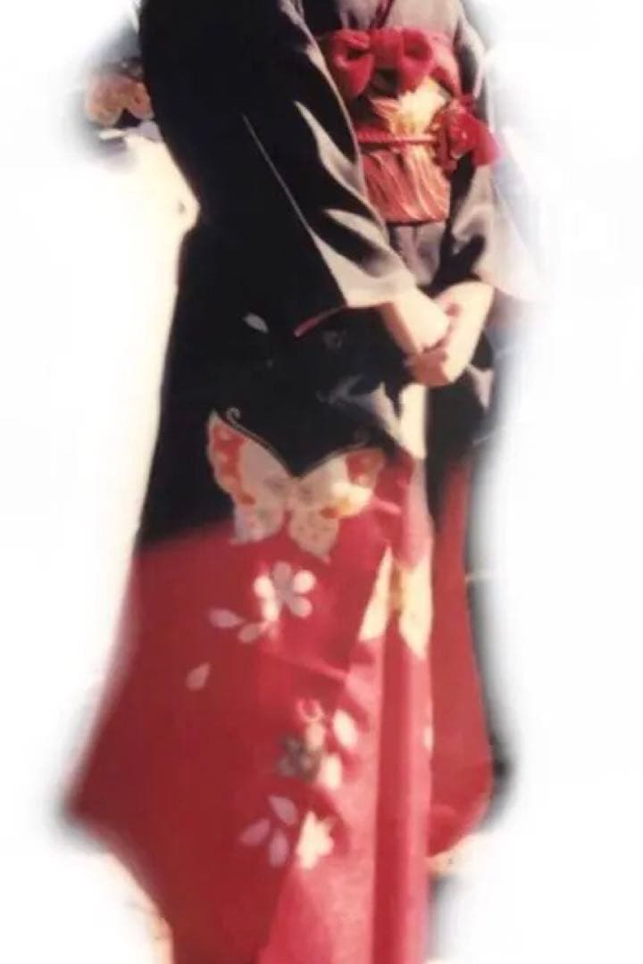 振袖 ６点セット ラメ入り 黒と赤のグラデーション 蝶と花 成人式