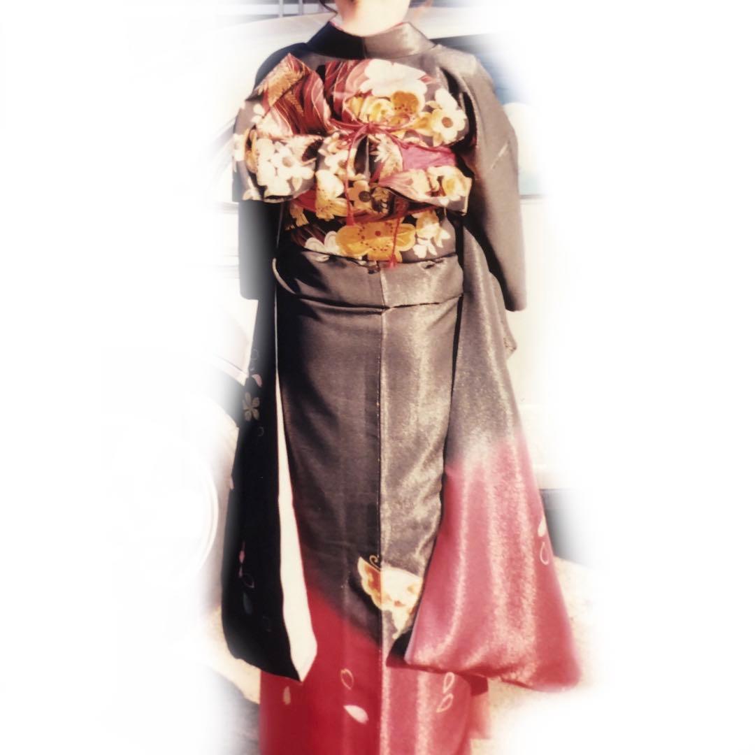 振袖 ６点セット ラメ入り 黒と赤のグラデーション 蝶と花 成人式