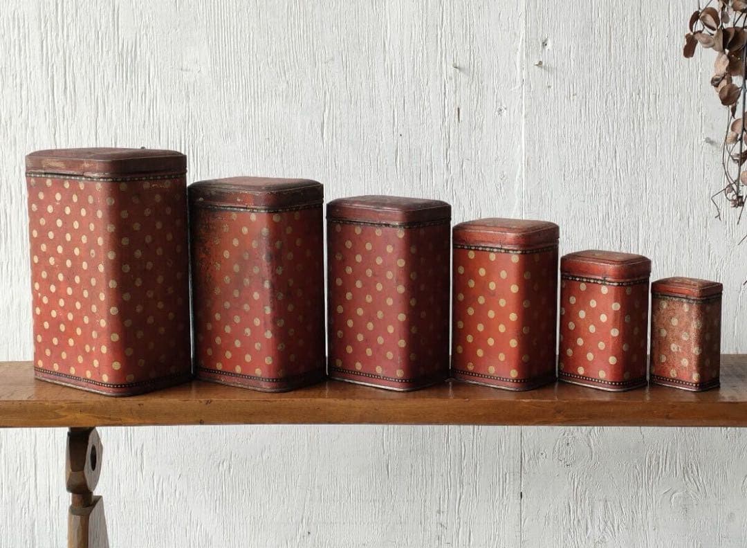 フランス アンティーク tin can キャニスター 6個 ティン缶 ドット柄