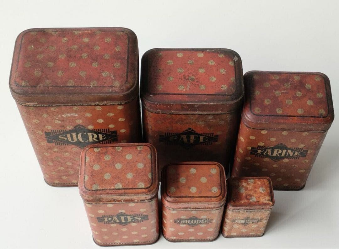 フランス アンティーク tin can キャニスター 6個 ティン缶 ドット柄