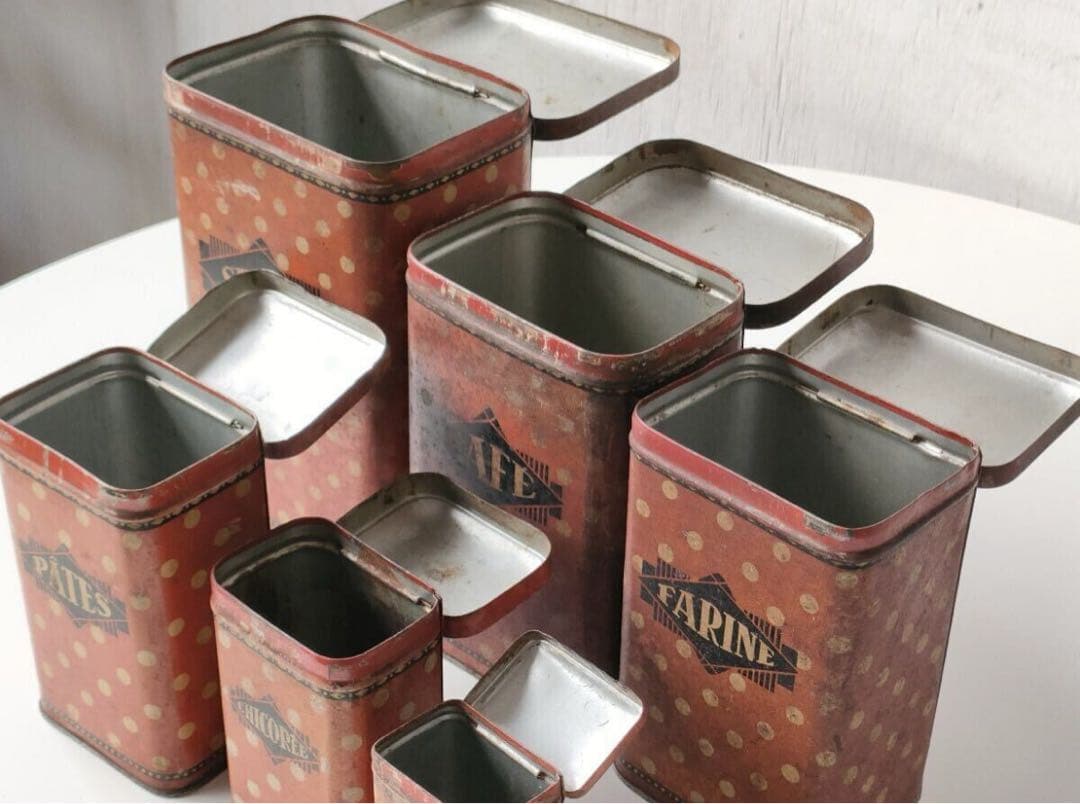 フランス アンティーク tin can キャニスター 6個 ティン缶 ドット柄