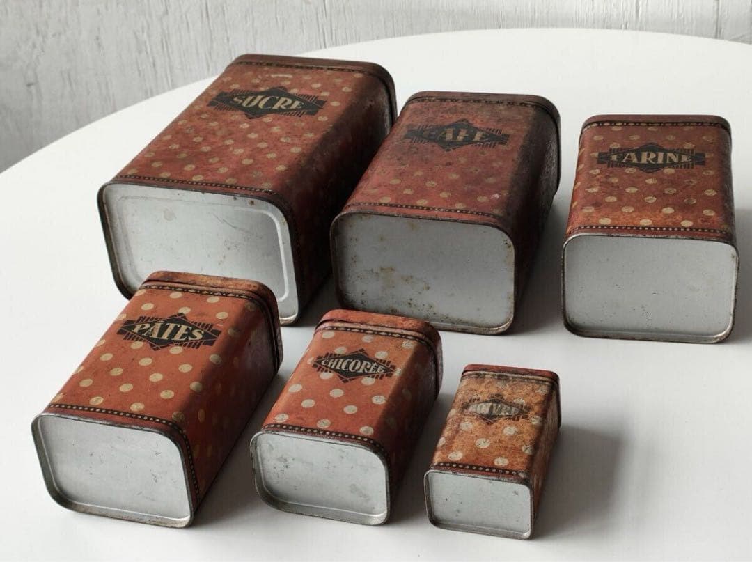 フランス アンティーク tin can キャニスター 6個 ティン缶 ドット柄