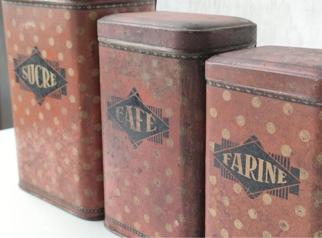 フランス アンティーク tin can キャニスター 6個 ティン缶 ドット柄