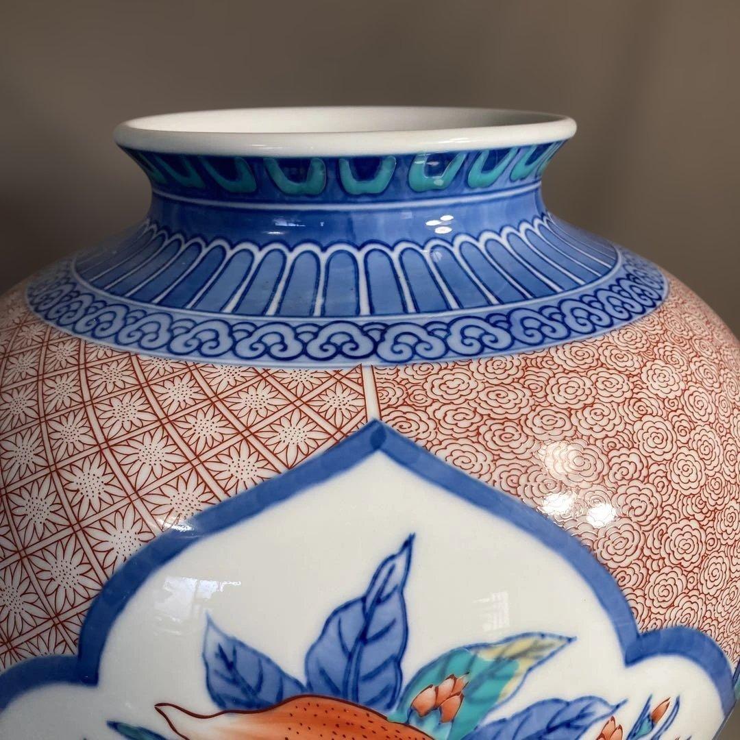 【緒方松右衛門】古伊万里の伝統　名窯　緒方松右衛門作　染錦三方間取桃絵　大花瓶