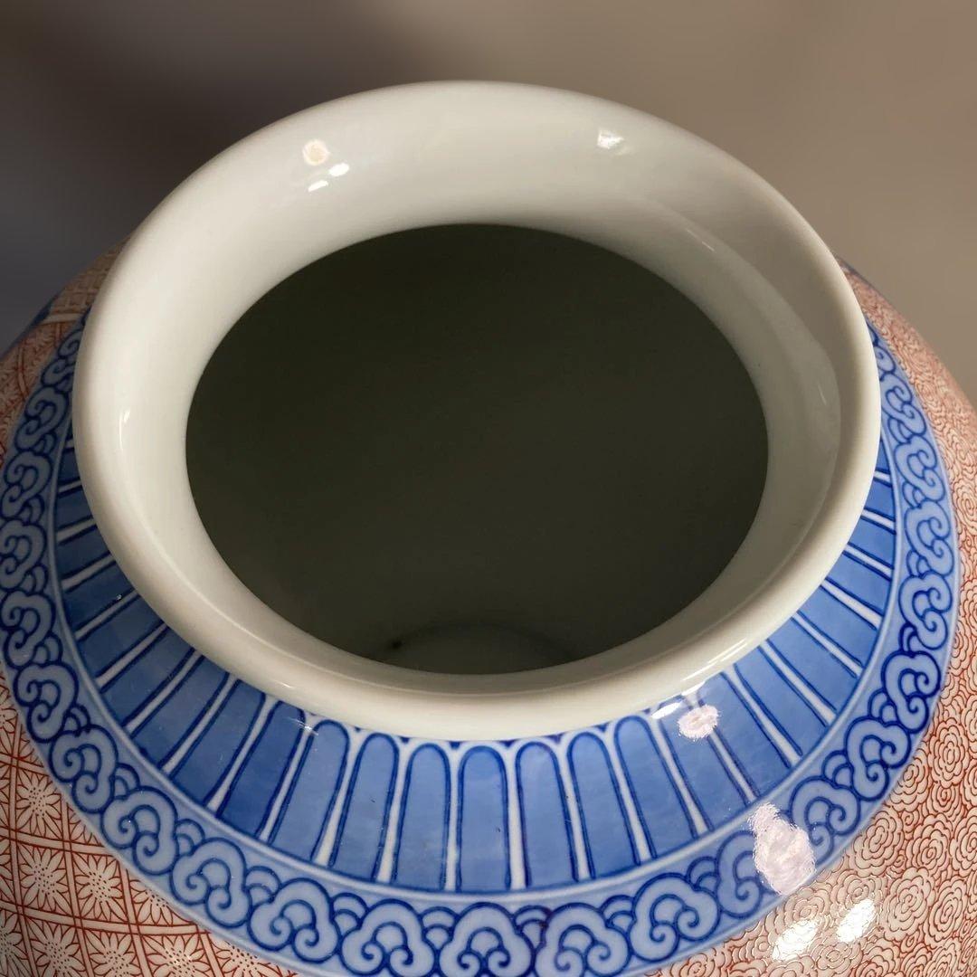 【緒方松右衛門】古伊万里の伝統　名窯　緒方松右衛門作　染錦三方間取桃絵　大花瓶