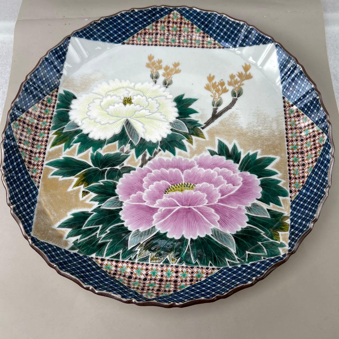 九谷焼 色絵 牡丹図 節皿 武腰泰山 共箱入B007