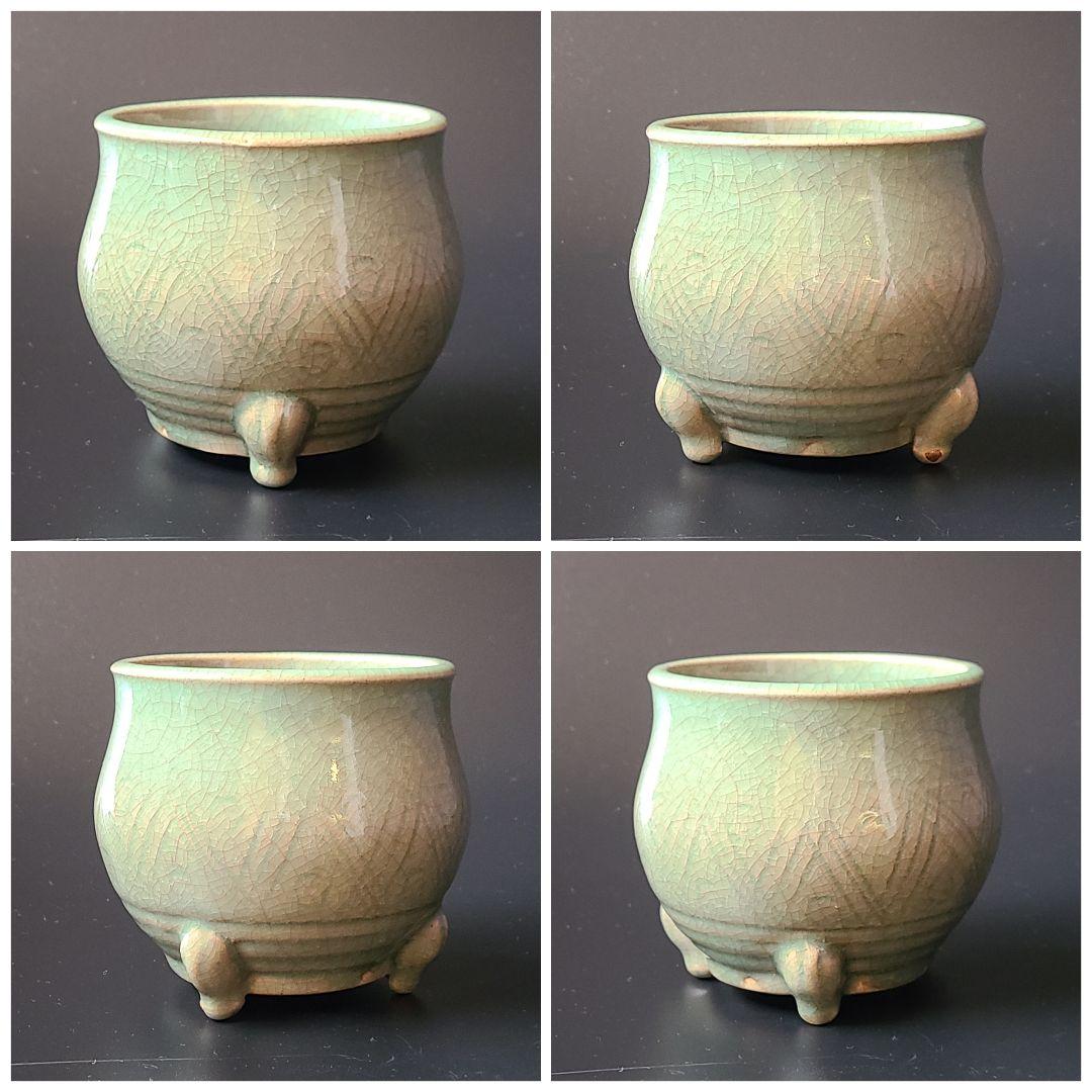 時代 青磁 三足 香炉 アンティーク 香道具 書院飾り 骨董