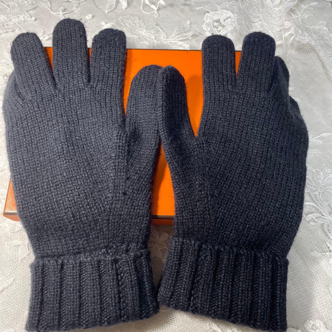 エルメス カシミヤ手袋 ダークブルー 5本指　暖かい
