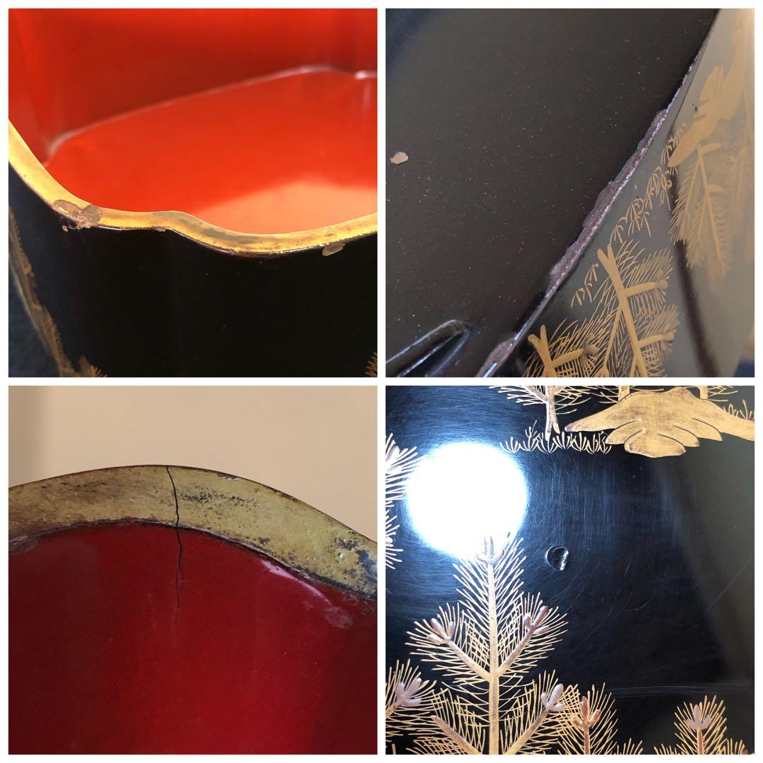 《レ》黒内朱 若松蒔絵 四段重 替蓋付 木製漆器 木箱 時代 251117え2