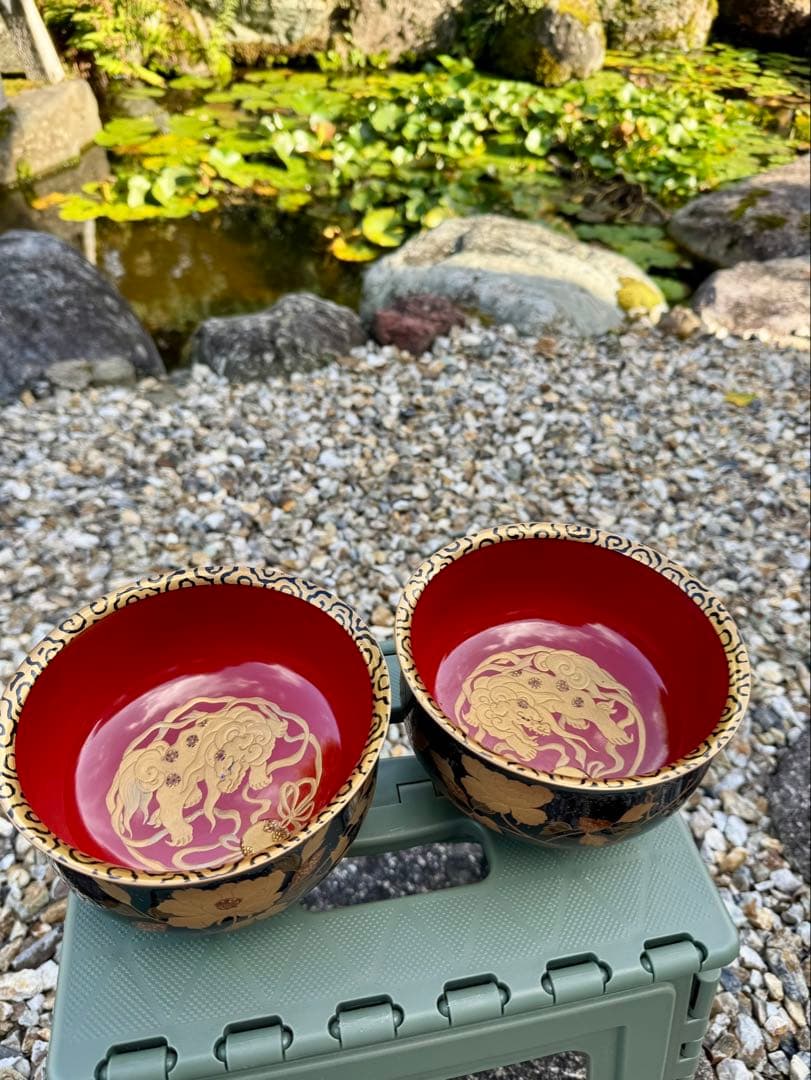 美品　漆塗り　会津塗り　茶碗　龍2客セット