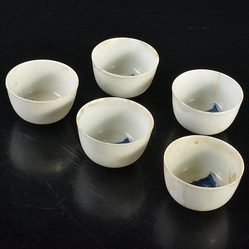 中国　大明成化年製款　青花　煎茶碗　五客　古竹　崇菊銘　碗筒付　D　R6835