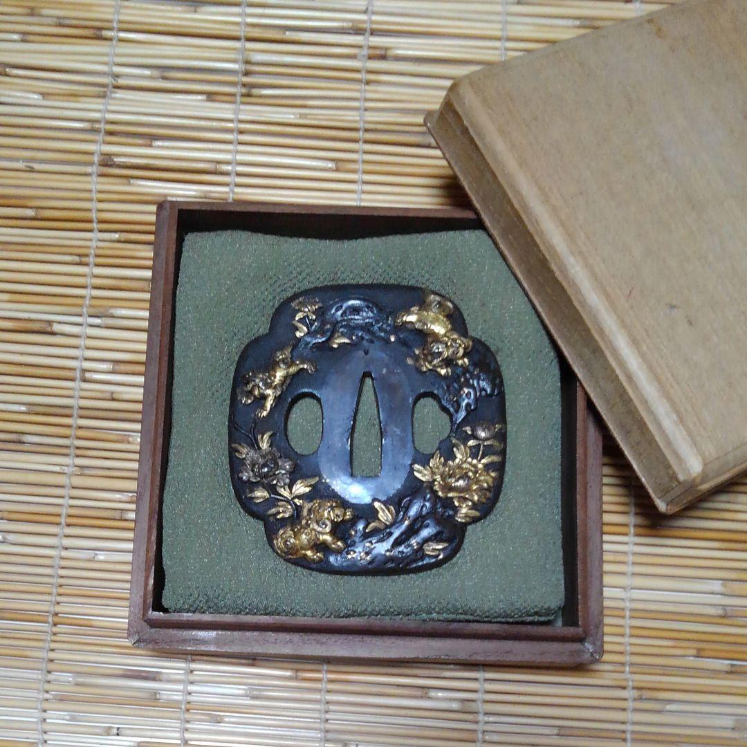 アンティーク　日本刀つば　唐獅子牡丹　象がん　骨董