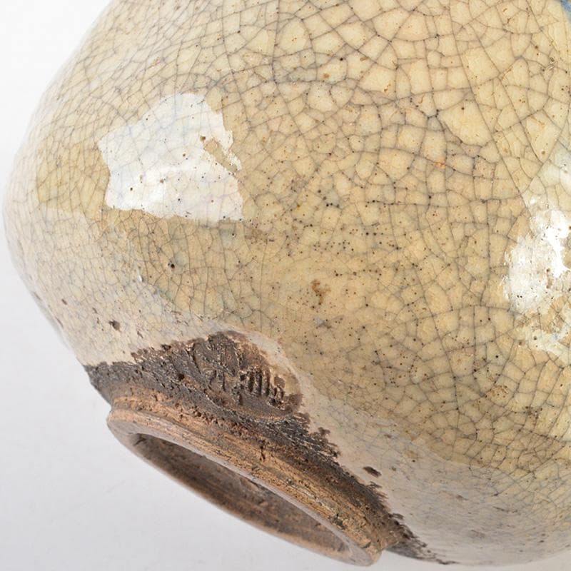 豊楽焼　六代　大喜豊助作　染付鶴文　楽茶碗　九代豊助極め箱　C　R7259