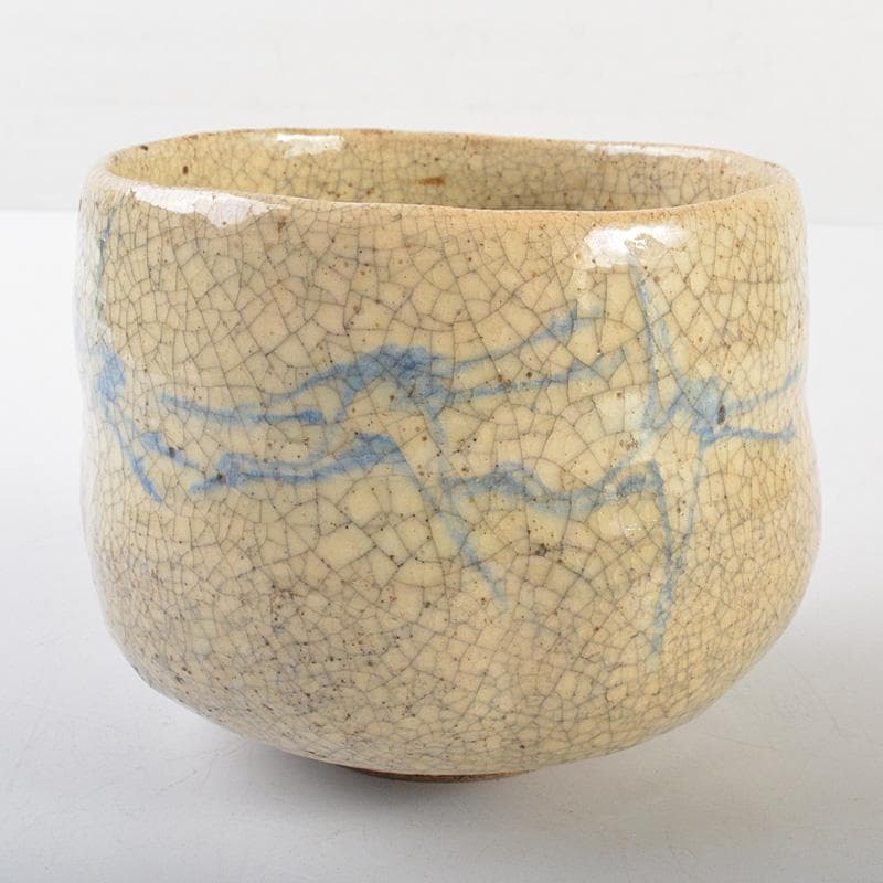 豊楽焼　六代　大喜豊助作　染付鶴文　楽茶碗　九代豊助極め箱　C　R7259