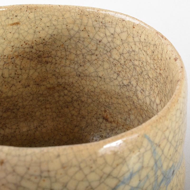 豊楽焼　六代　大喜豊助作　染付鶴文　楽茶碗　九代豊助極め箱　C　R7259