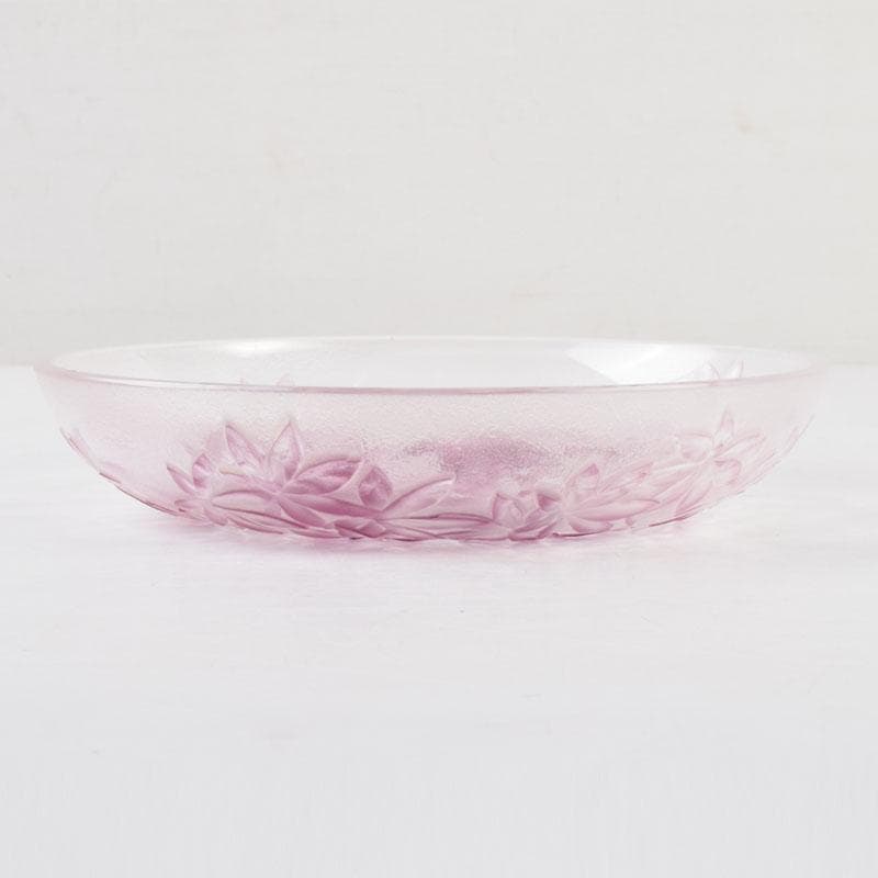 ガラス工芸　荒木良忠作　玻璃彫刻　金赤楓はがさね文皿　共布共箱　C　9197