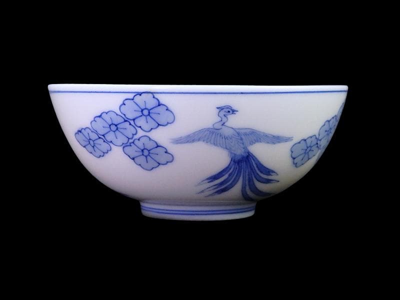 平戸　染付　鳳凰に花菱紋の図　汲み出し　茶碗　E996AS-CYc