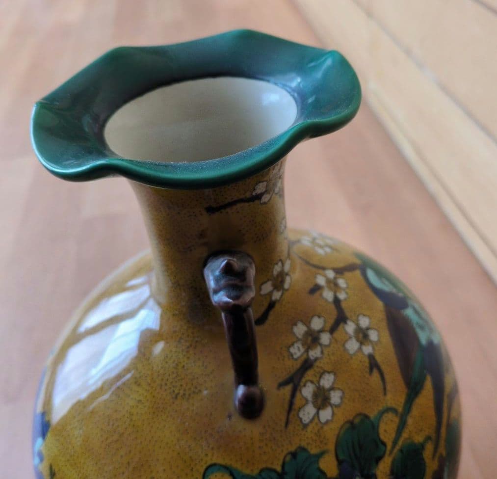 九谷焼　角福　花瓶　色絵　花鳥図