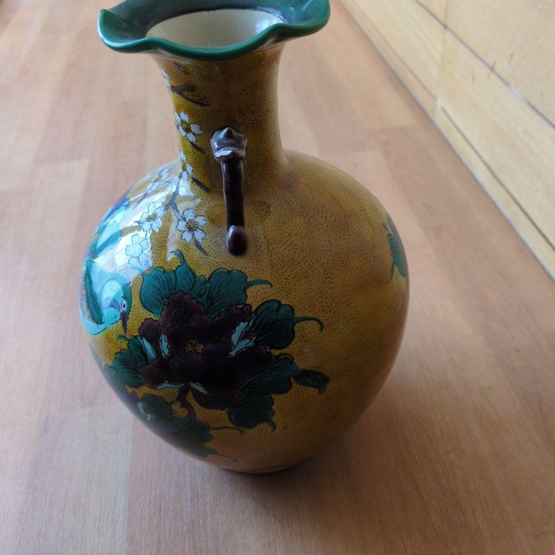 九谷焼　角福　花瓶　色絵　花鳥図