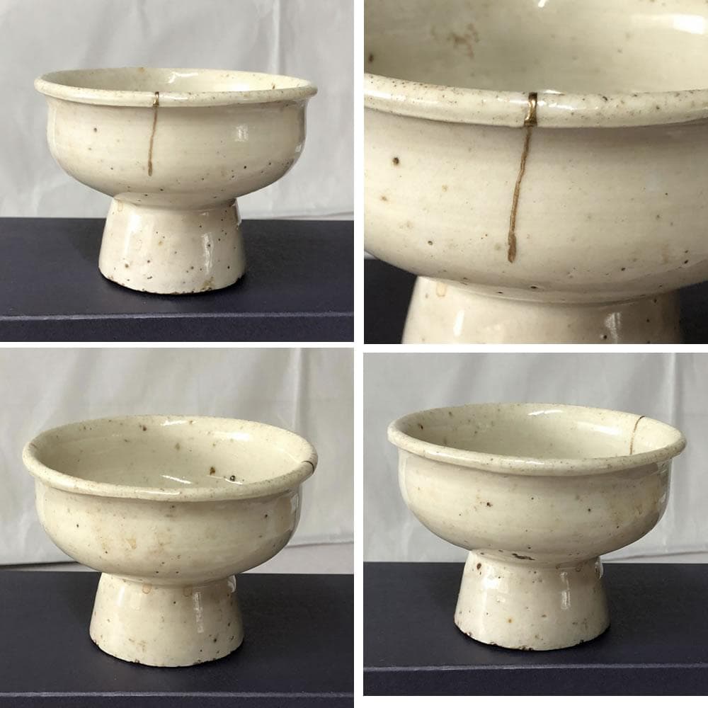 w089 李朝 白磁 馬上杯 金直し 木箱入り 酒器