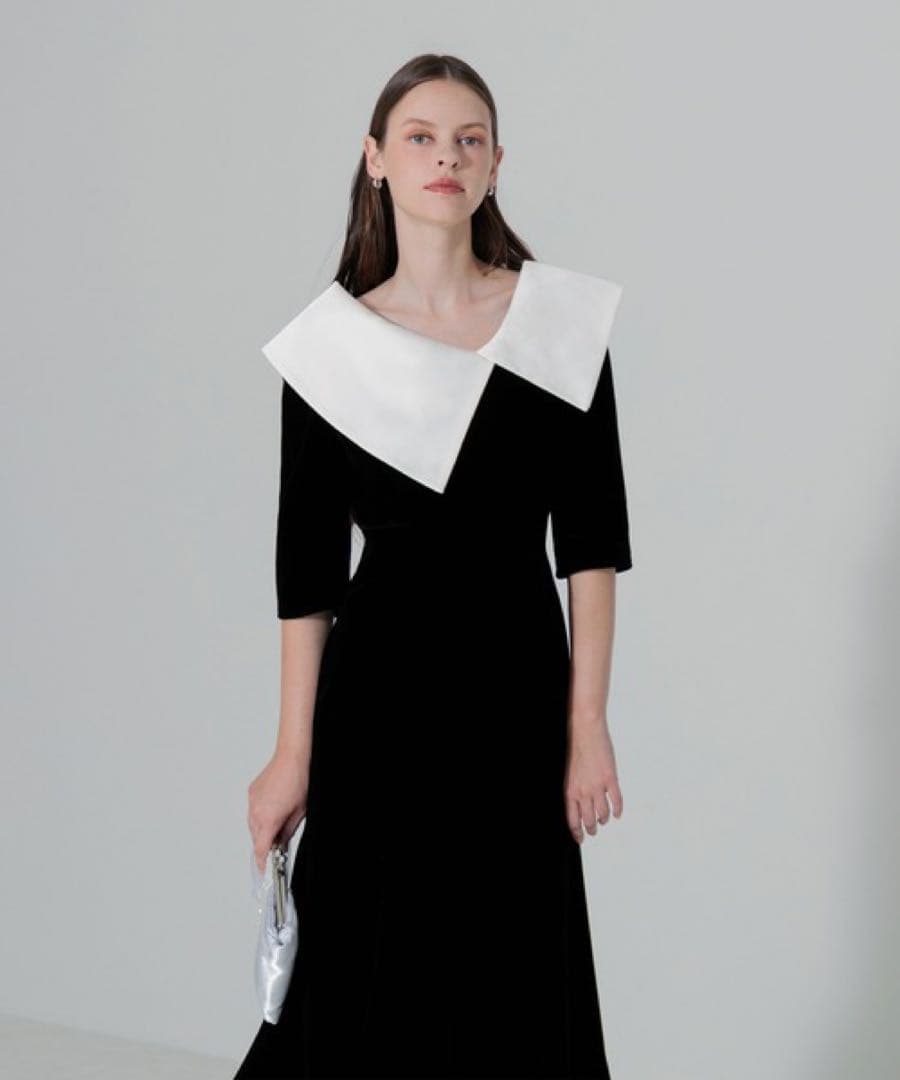 【LEJA】配色アシンメトリービッグカラーベロアマーメイド ドレス