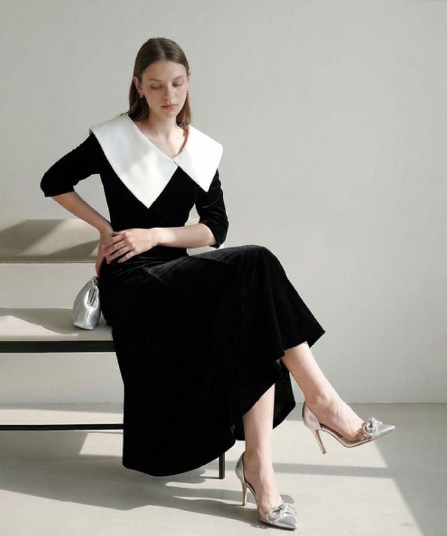 【LEJA】配色アシンメトリービッグカラーベロアマーメイド ドレス