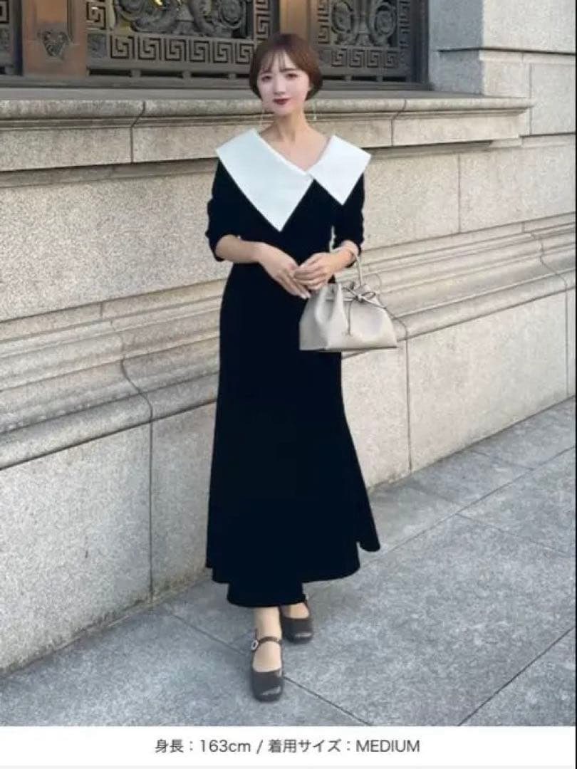 【LEJA】配色アシンメトリービッグカラーベロアマーメイド ドレス