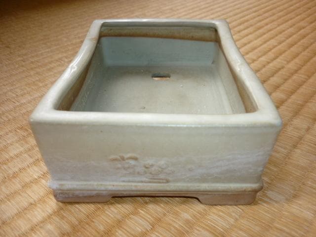 希少1960年頃◆水野正雄 陶翠 長方白交趾 蘭・菊・梅・竹「四君子」彫入盆栽鉢