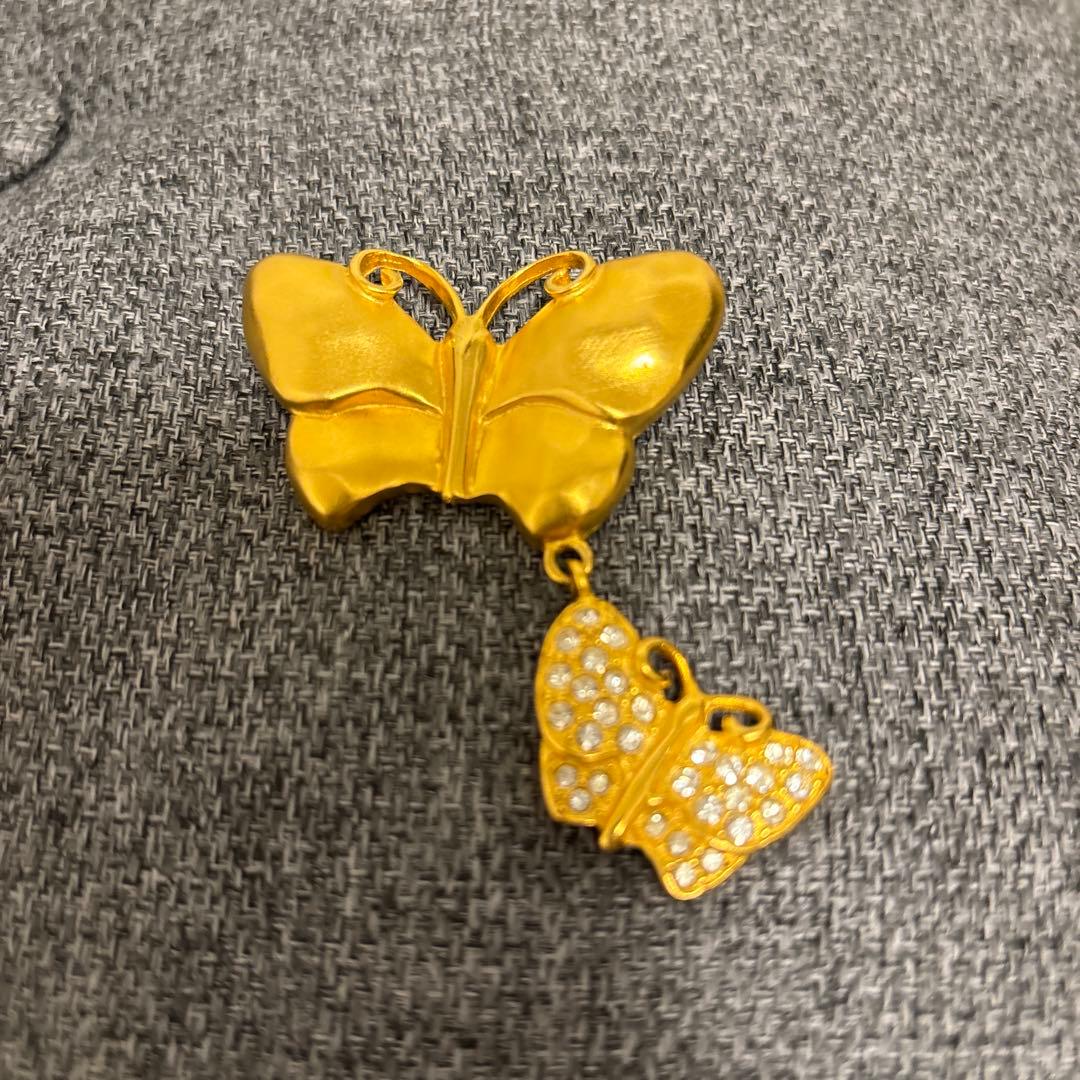 美品　ジバンシー　バタフライブローチ　蝶々　ラインストーン　2連