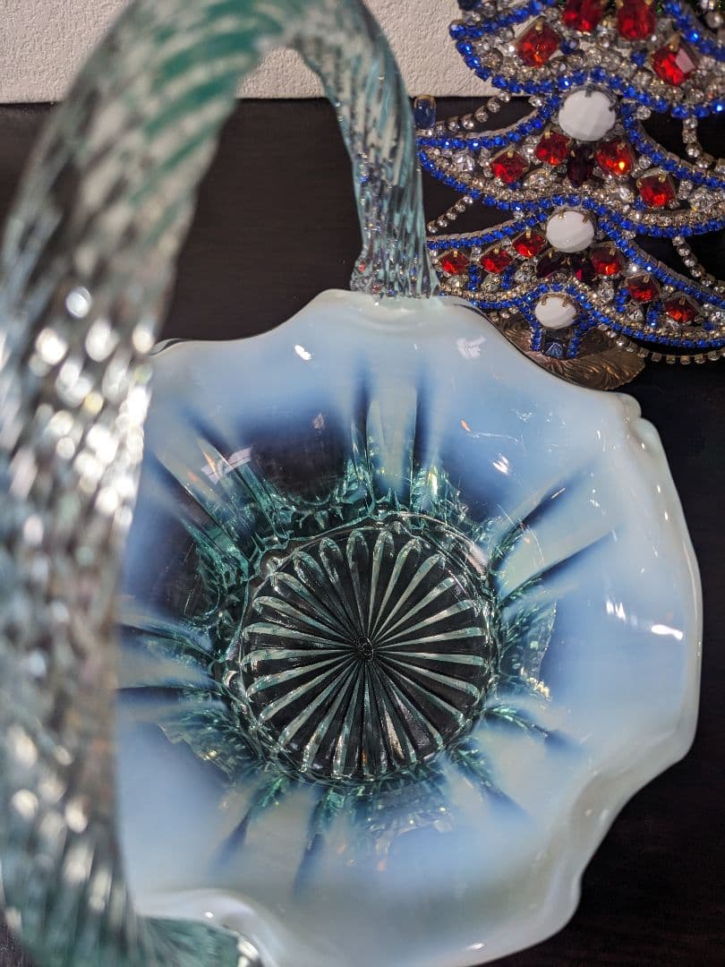 フェントン　ブルーオパルセントガラス　取って付き　お菓子入れ　小物入れ