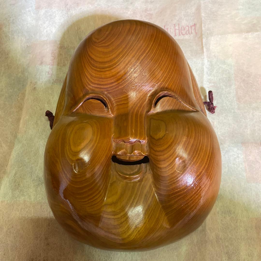 一刀彫　木製 笑顔の面　エクボが可愛い