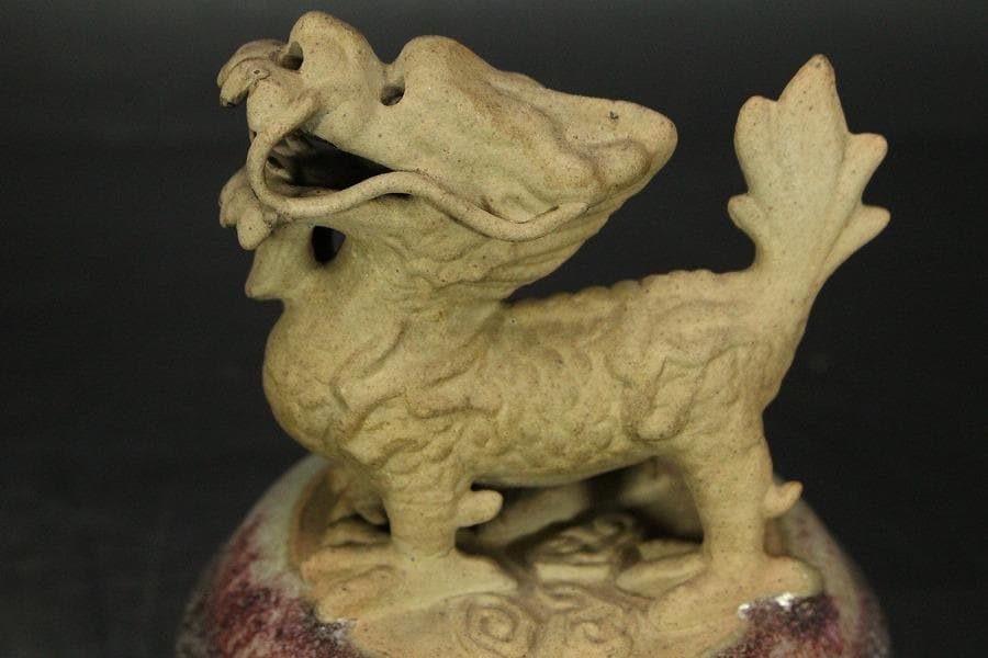 中国美術 紫斑釉 龍蓋 香炉 高25cm(LC126)